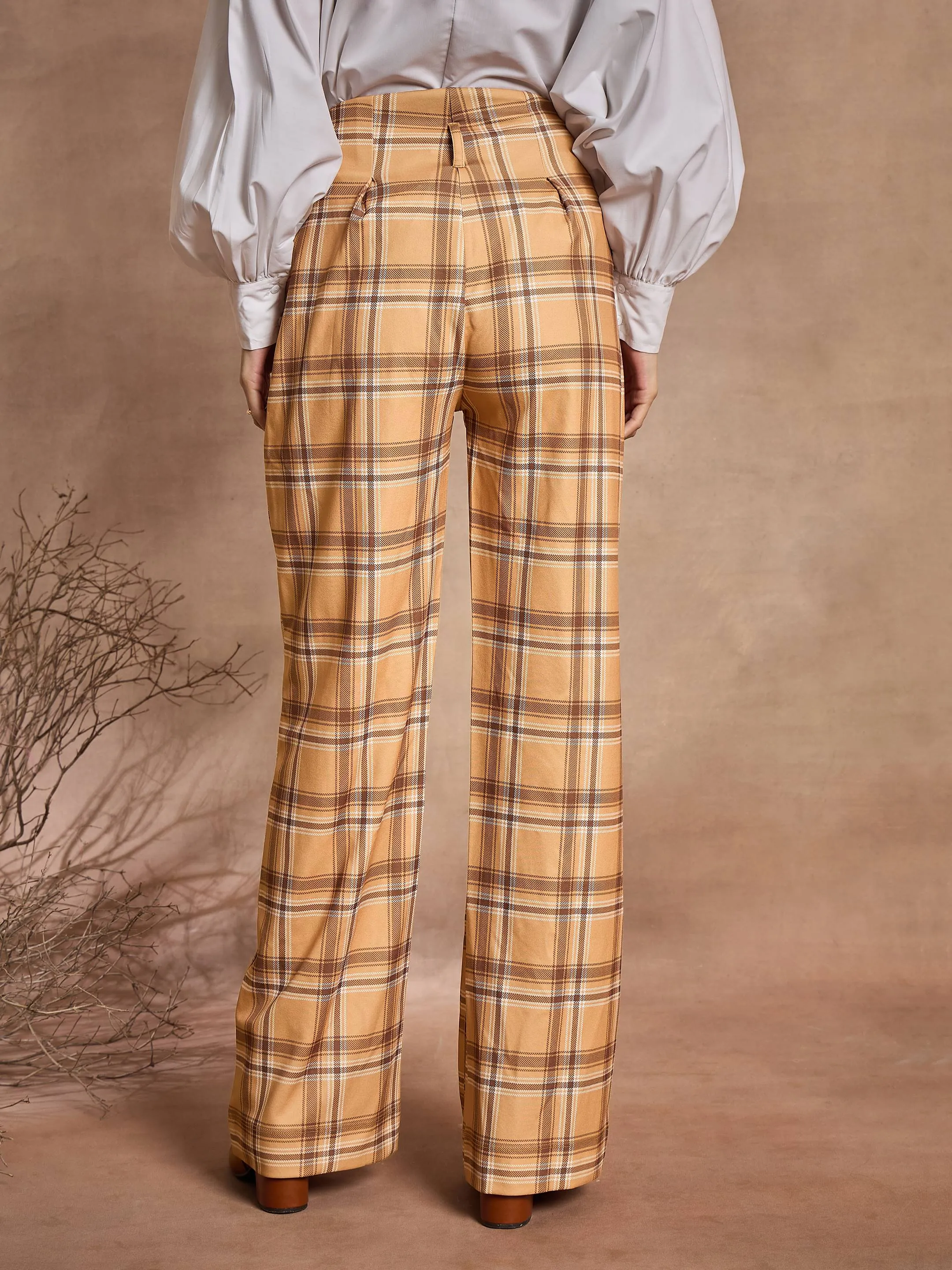 Women Beige Check High Rise Wide Leg Pants