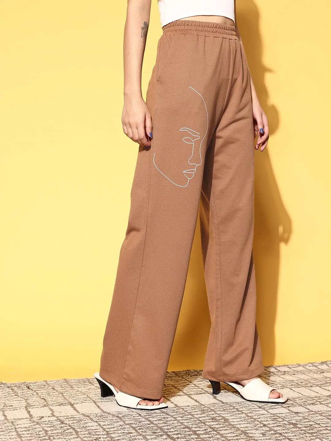 Women Brown Line Art Wide Leg Terry Track Pants