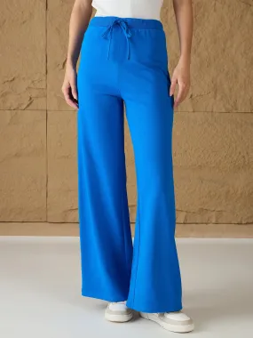 Women Royal Blue Terry Wide Leg Track Pants