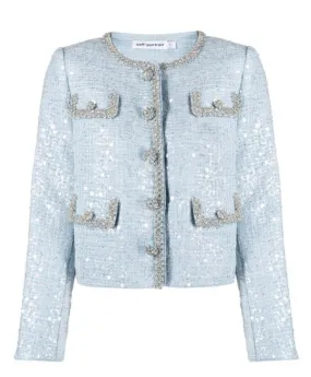 Women Sequin Boucle Chest Flap Pockets Polyester Jacket - Blue