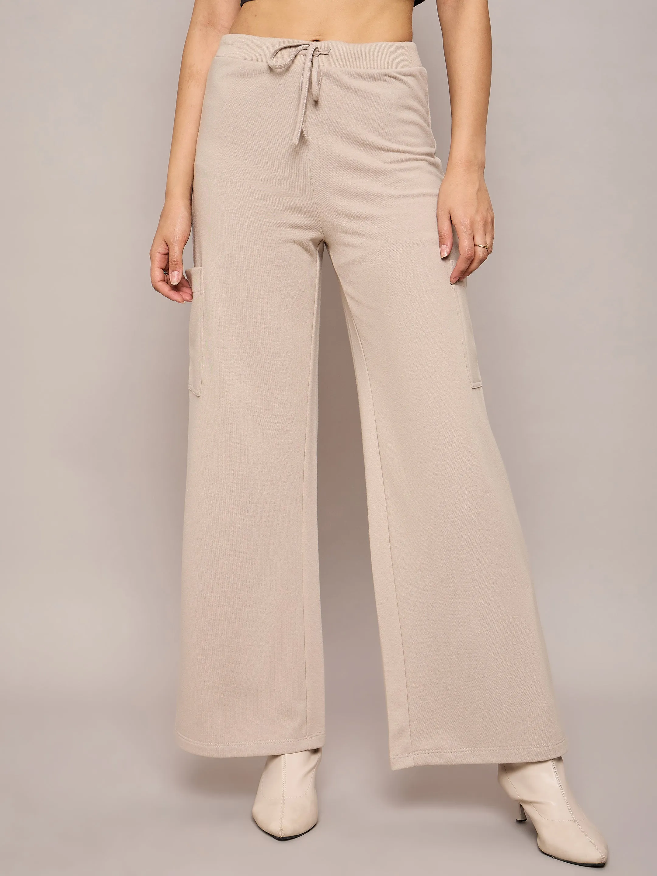 Women Taupe Terry Wide Leg Track Pants