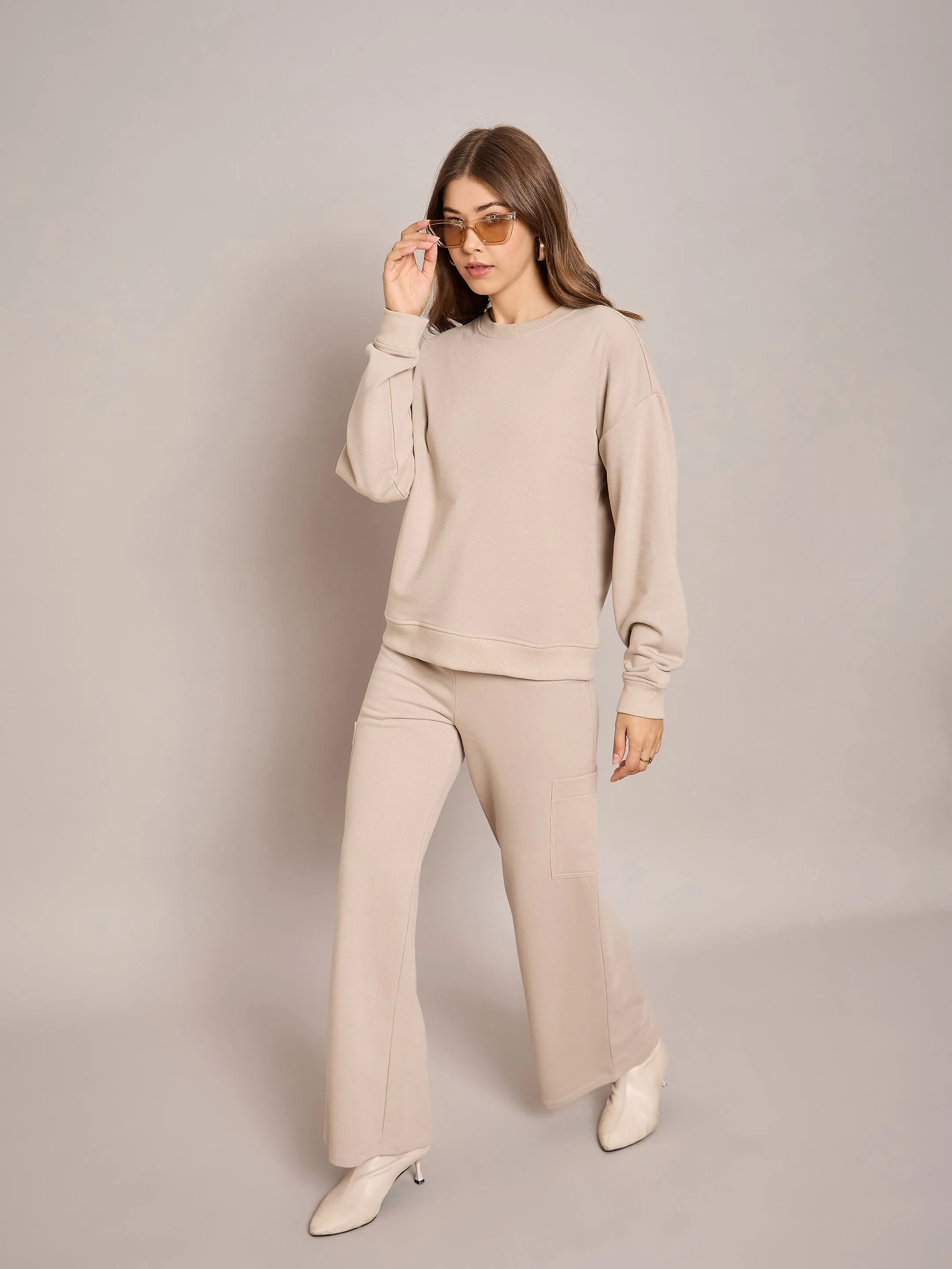 Women Taupe Terry Wide Leg Track Pants