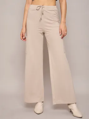 Women Taupe Terry Wide Leg Track Pants