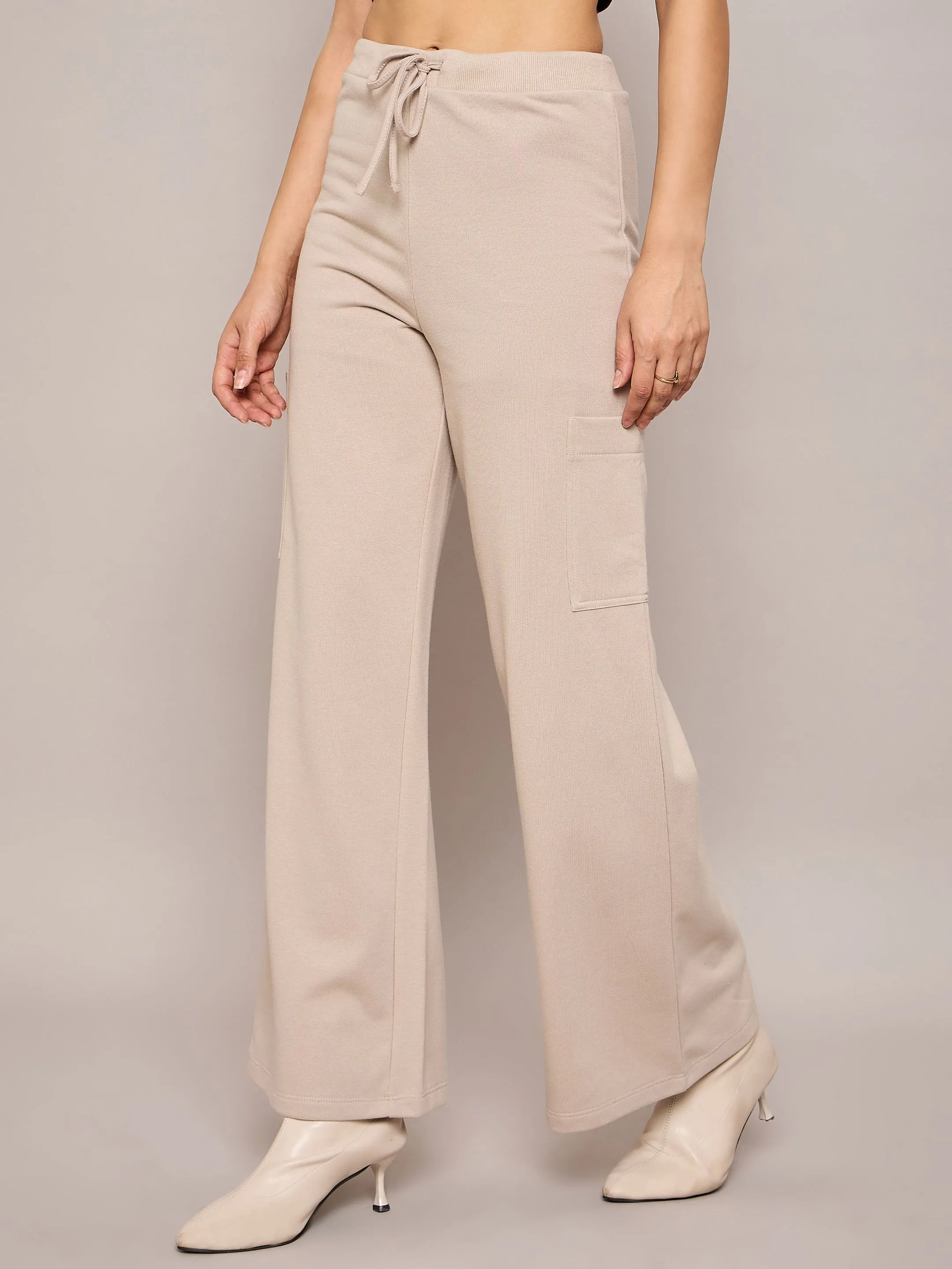 Women Taupe Terry Wide Leg Track Pants