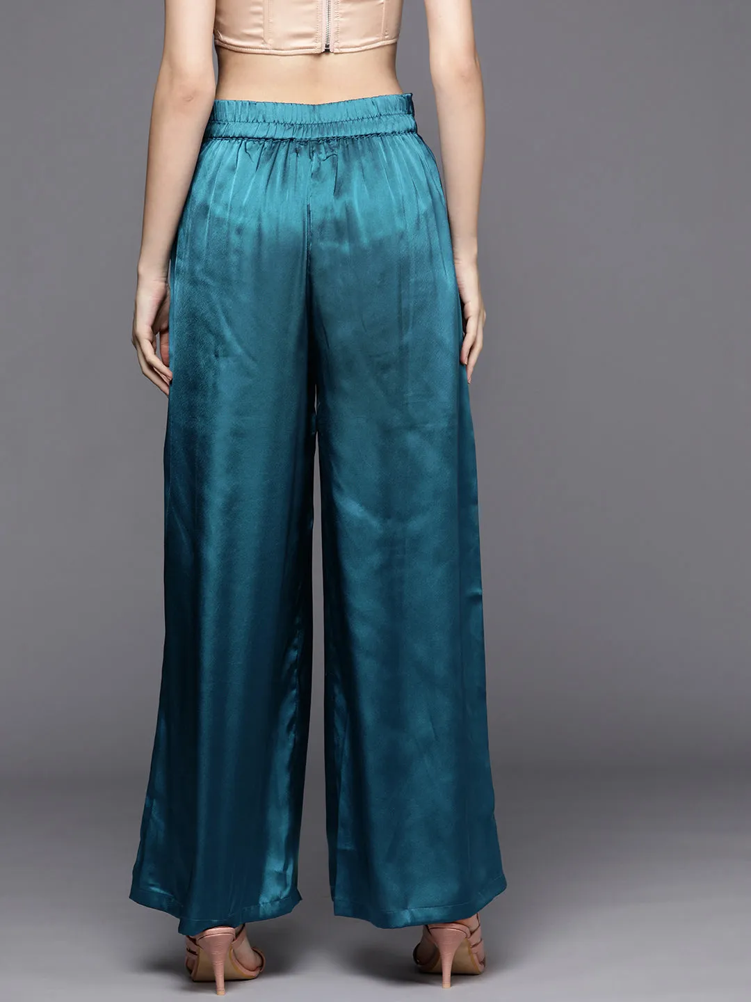 Women Teal Satin Pleated Wide Leg Pants