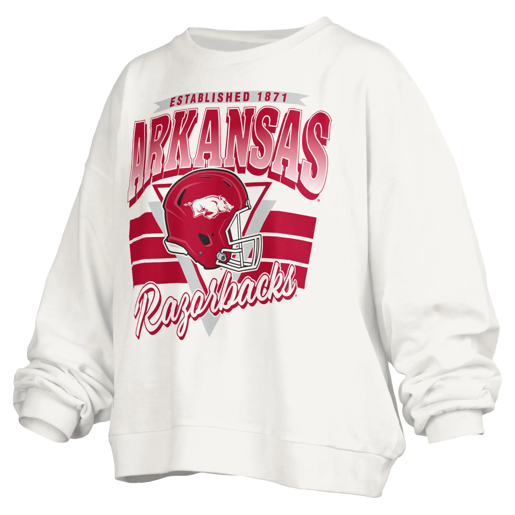 Women's Pressbox White Arkansas Razorbacks Janice Retro Logo Oversized Pullover Sweatshirt