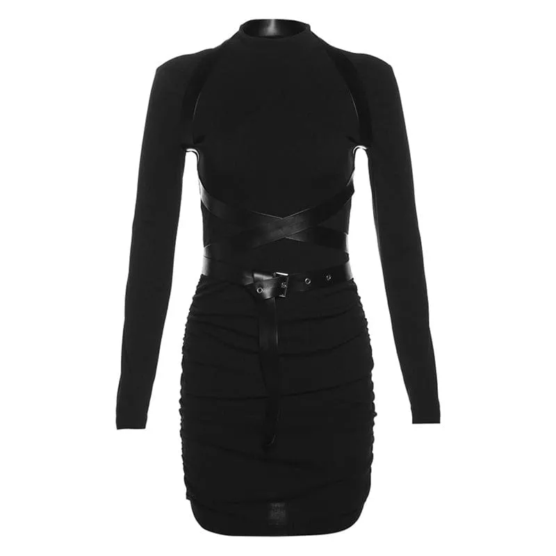 Women's Punk Ruched Wrap Dress with Faux Leather Harness