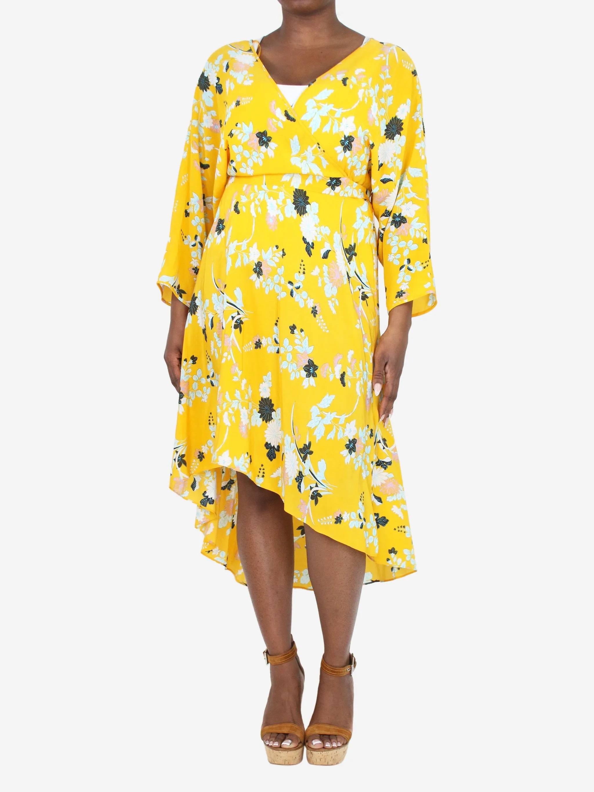   Yellow Eloise floral wrap midi dress - size L