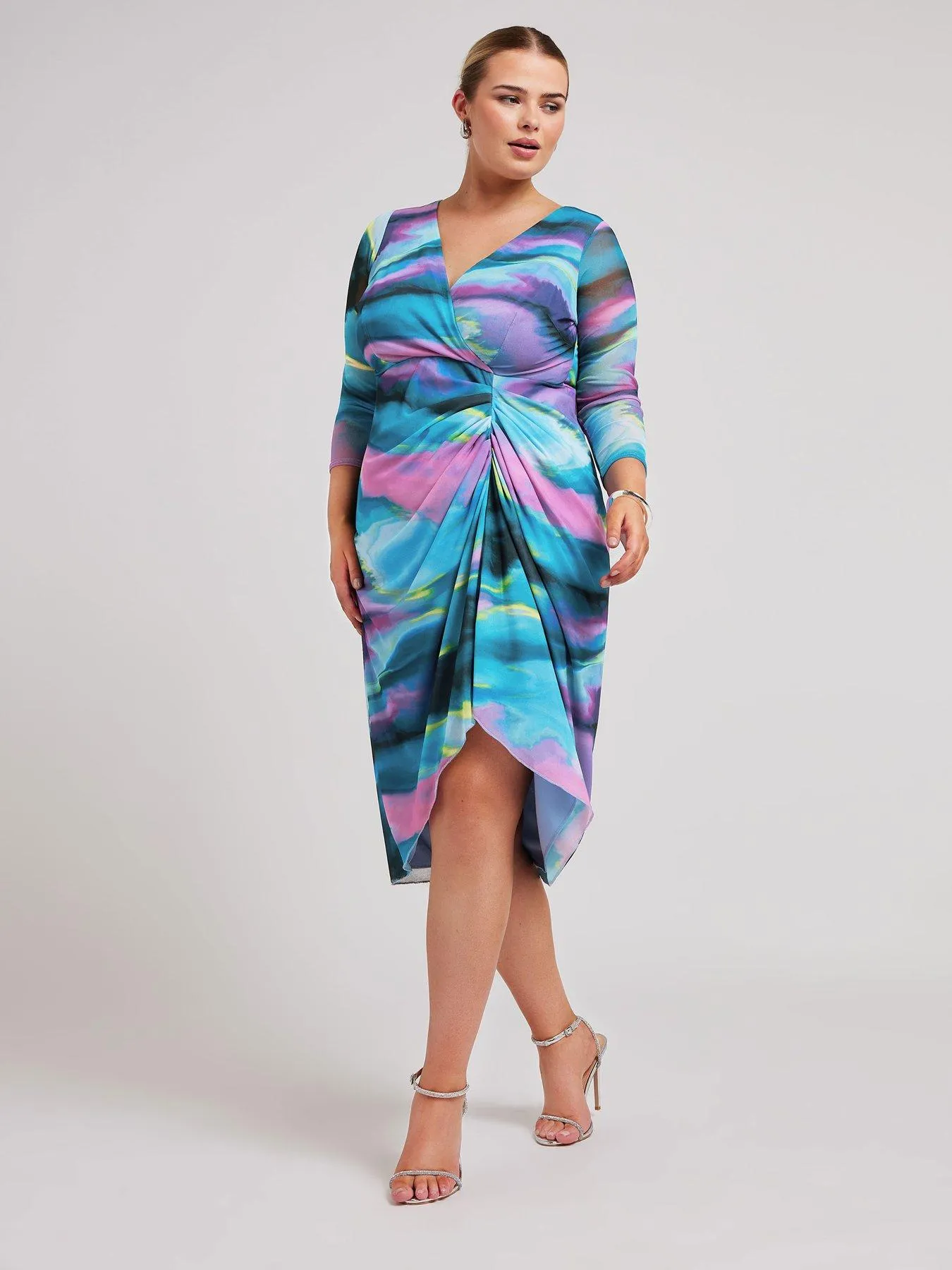 Yours Curve Abstract Wrap Gathered Skirt Dress - Multi