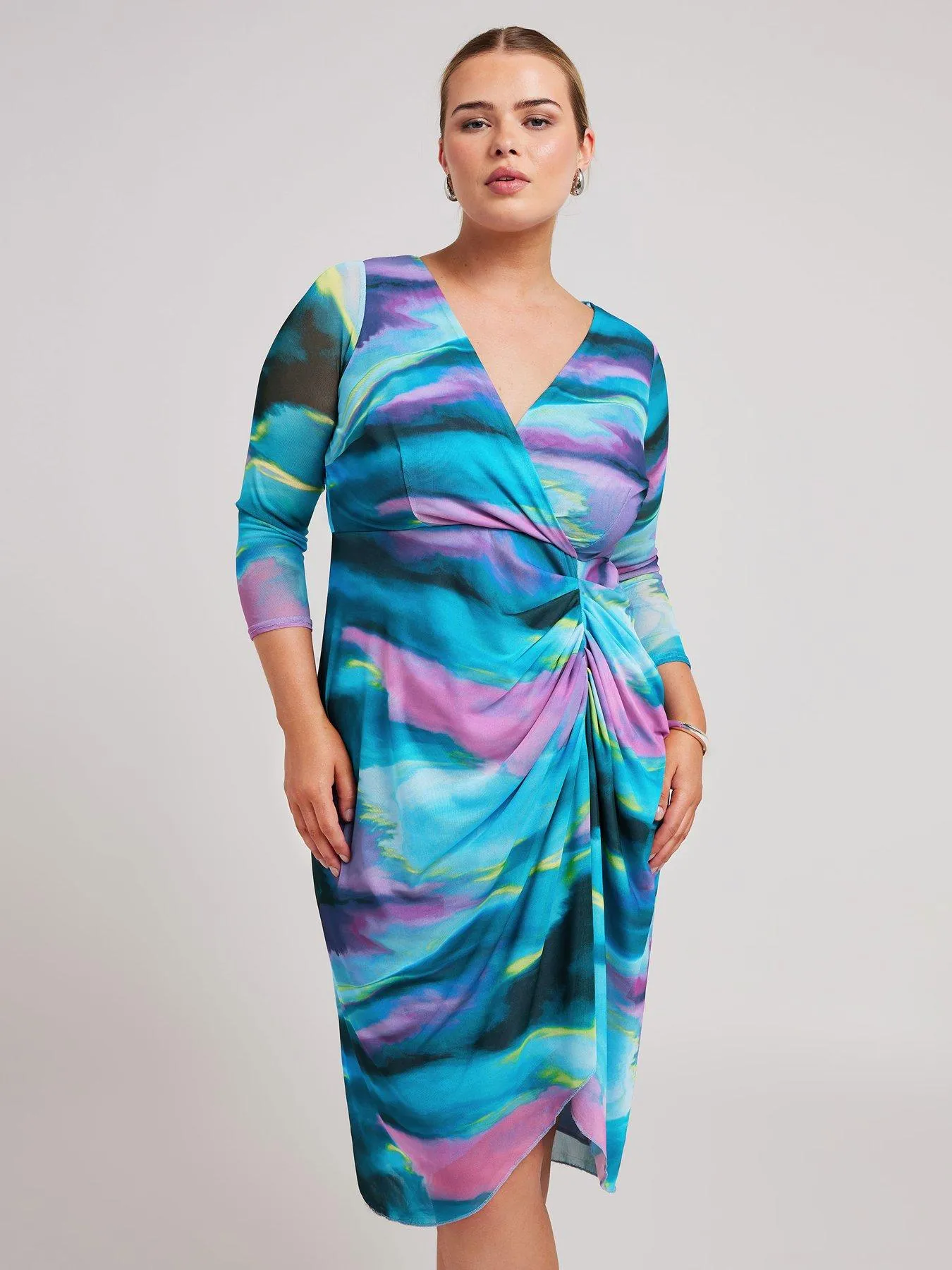 Yours Curve Abstract Wrap Gathered Skirt Dress - Multi