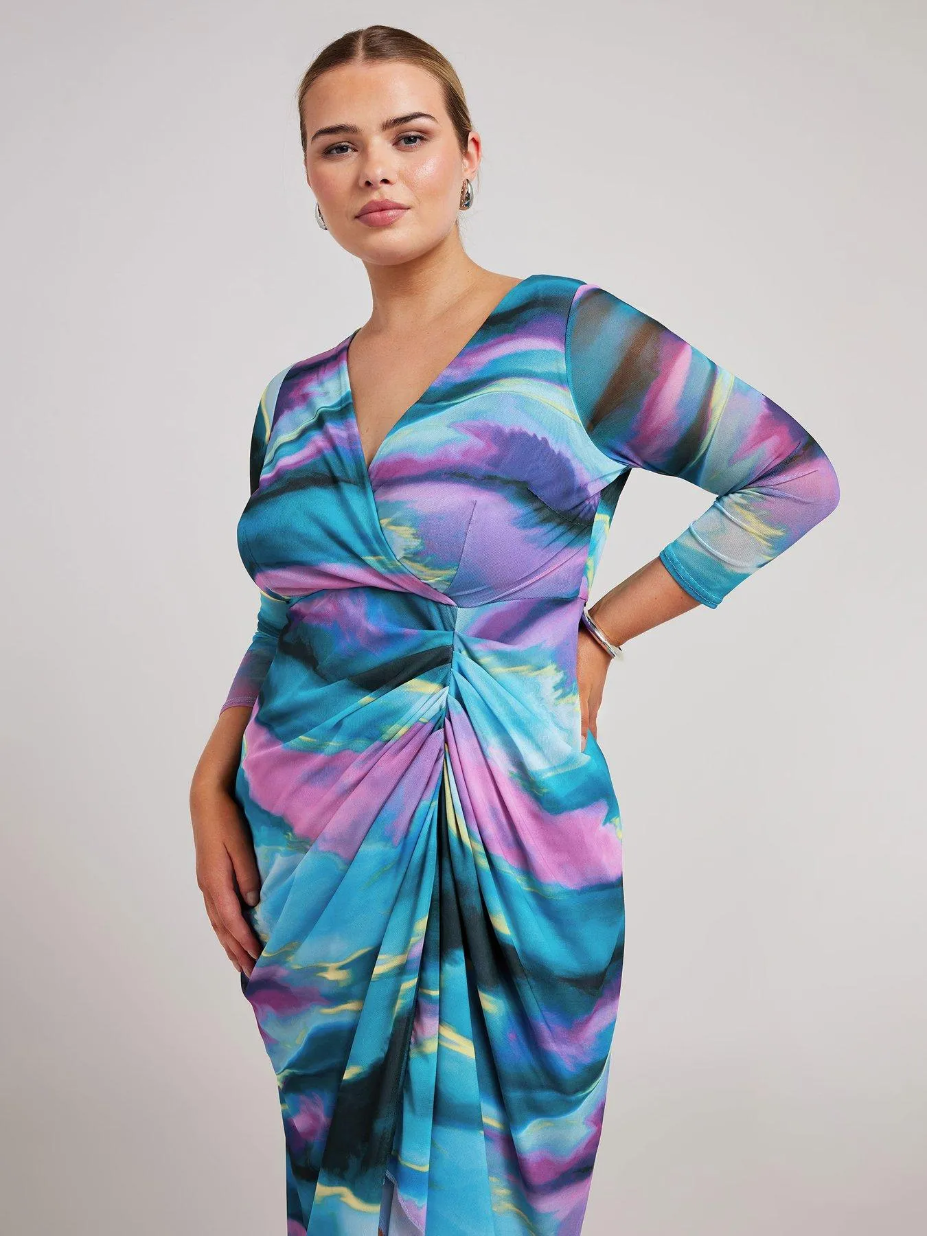 Yours Curve Abstract Wrap Gathered Skirt Dress - Multi