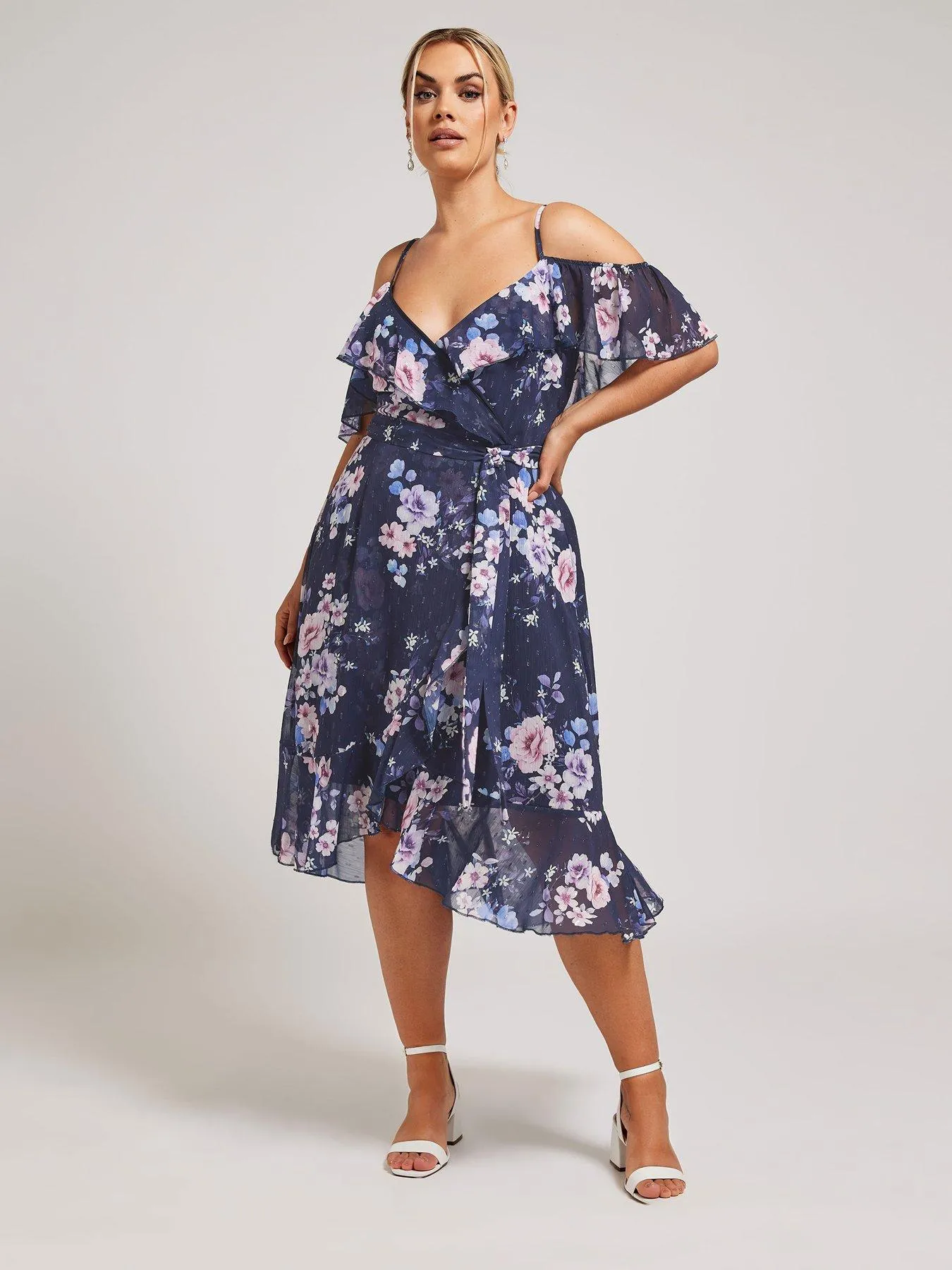 Yours Curve Floral Cold Shoulder Metallic Dobby Wrap Dress