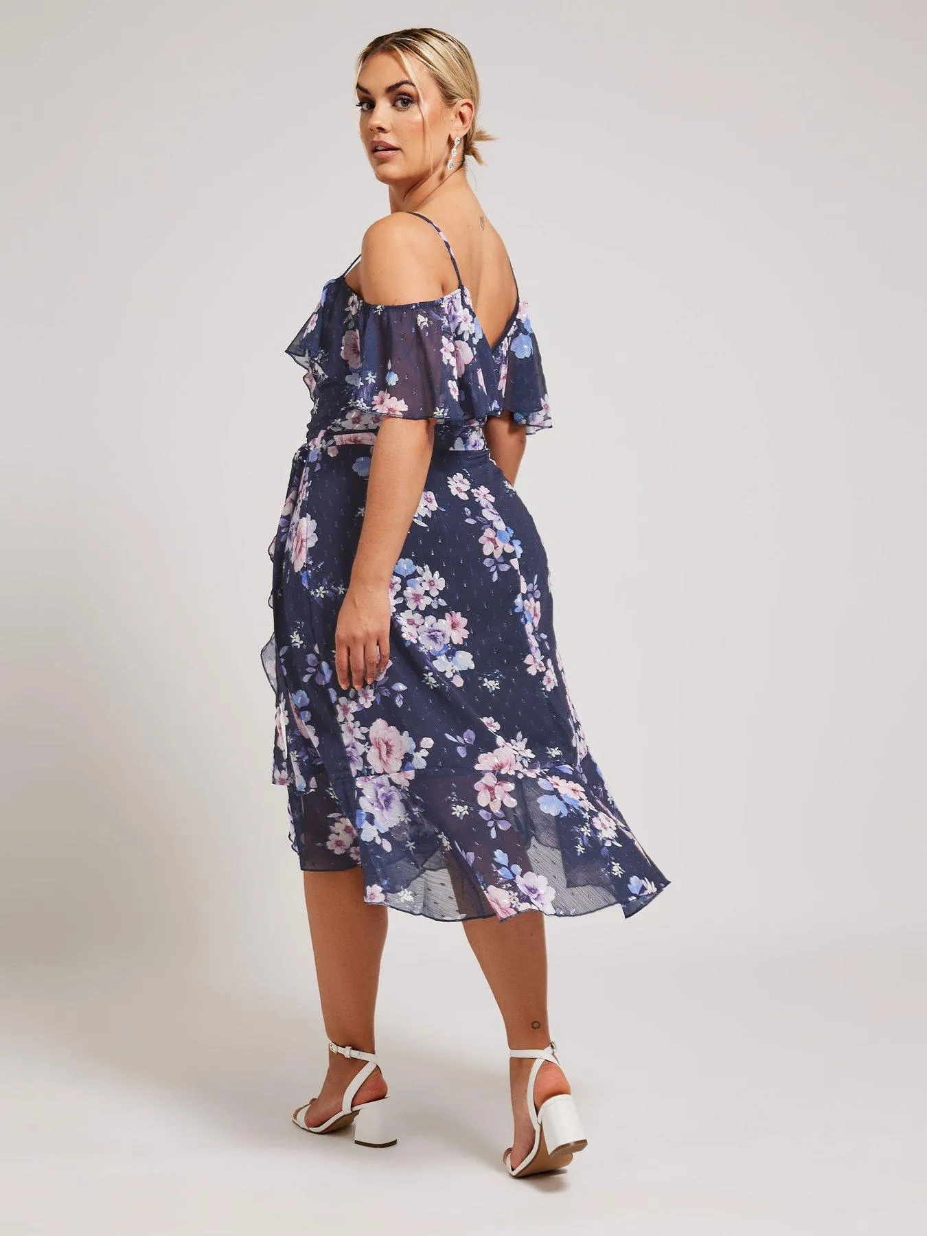 Yours Curve Floral Cold Shoulder Metallic Dobby Wrap Dress