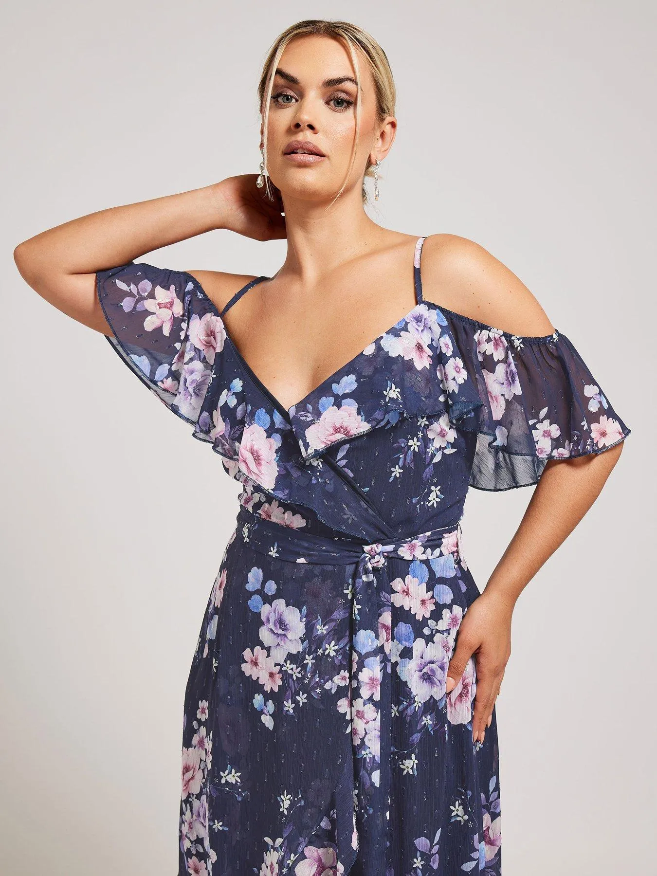 Yours Curve Floral Cold Shoulder Metallic Dobby Wrap Dress