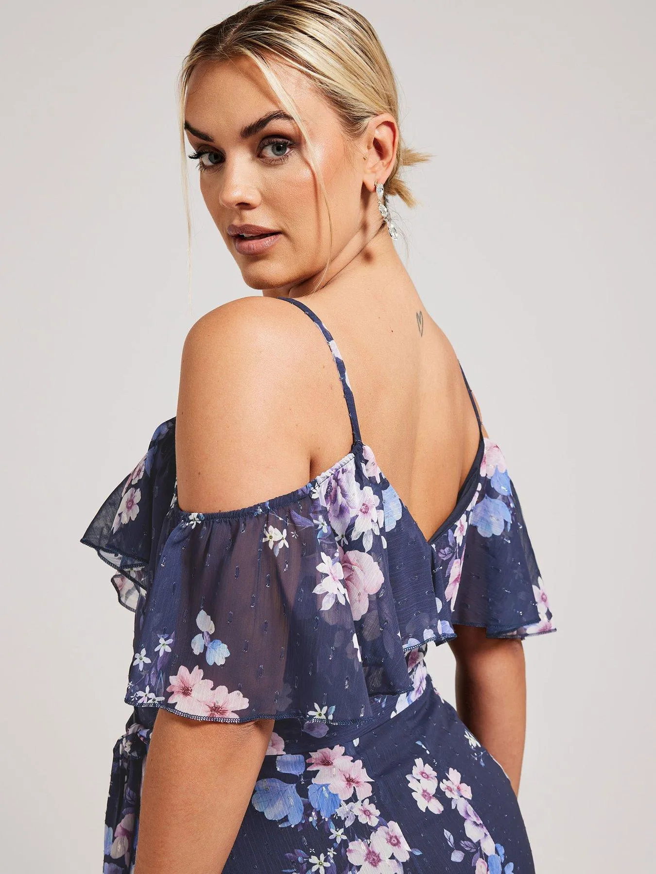 Yours Curve Floral Cold Shoulder Metallic Dobby Wrap Dress