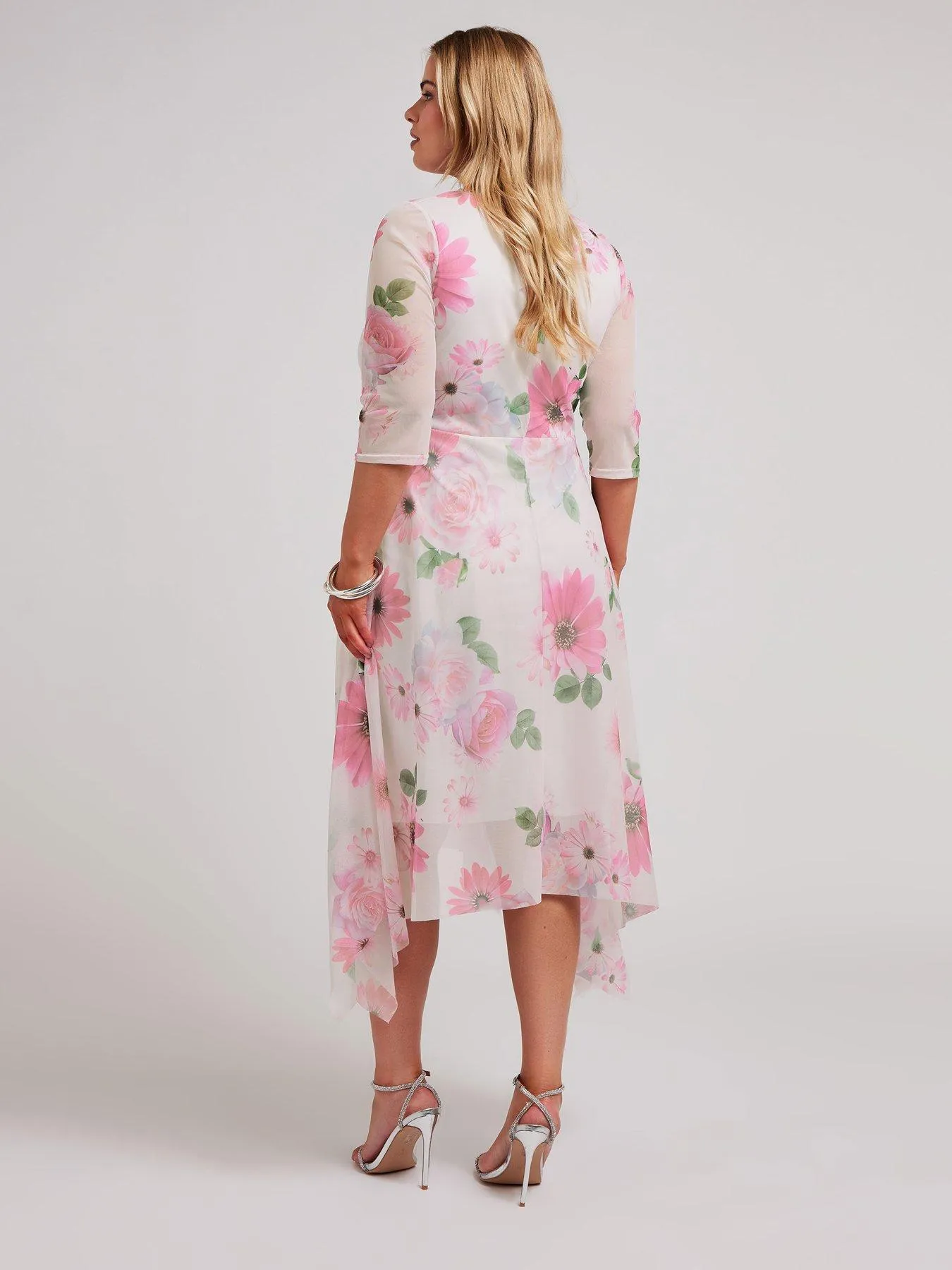 Yours Curve Floral Wrap Mesh Hanky Hem Dress