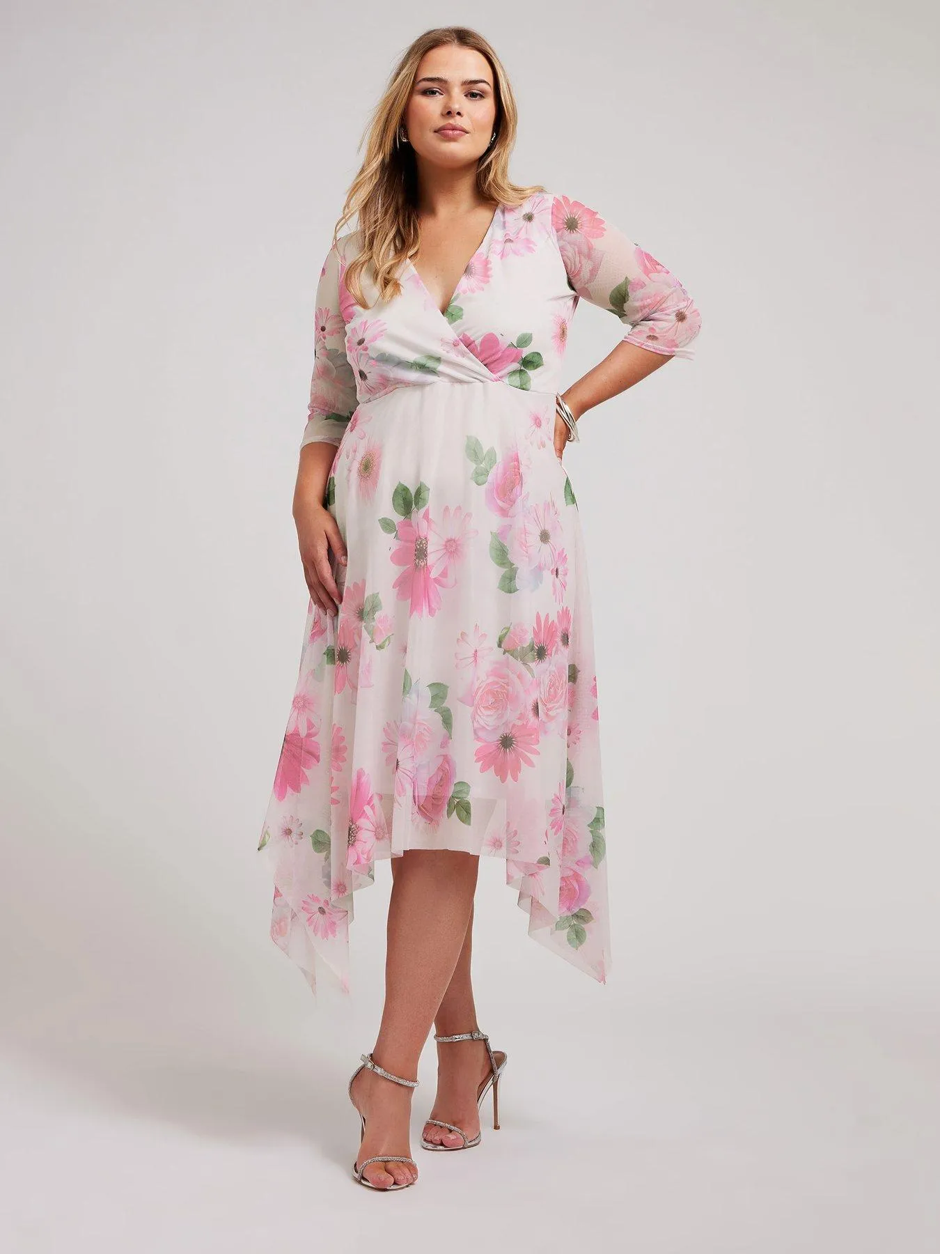 Yours Curve Floral Wrap Mesh Hanky Hem Dress