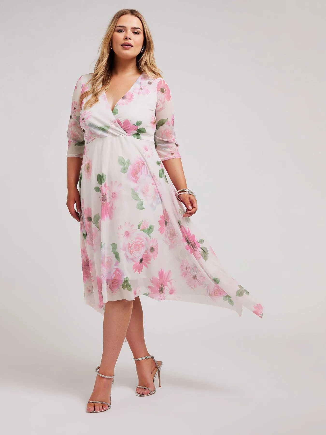 Yours Curve Floral Wrap Mesh Hanky Hem Dress