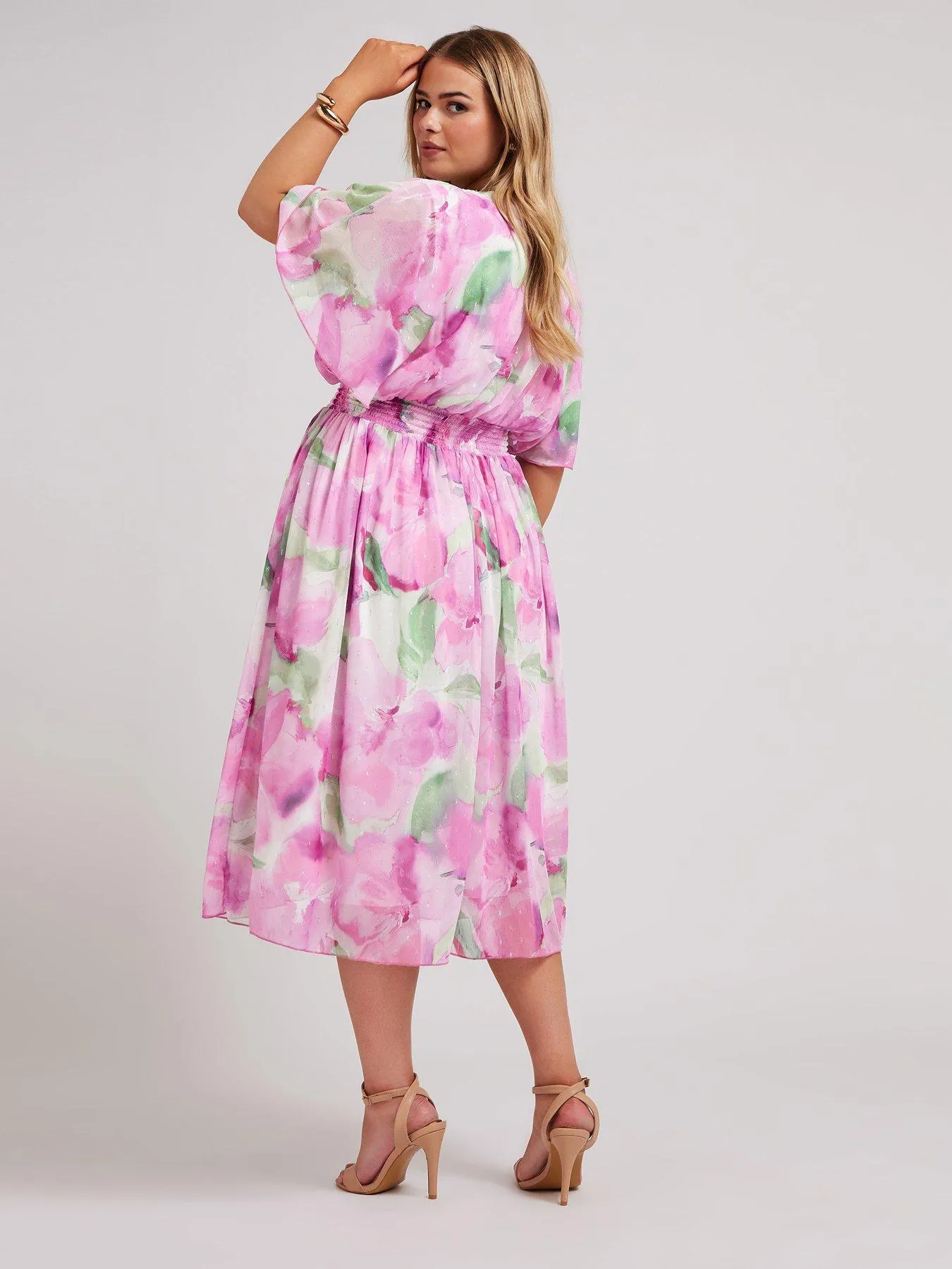 Yours Curve Ombre Floral Metallic Shirred Waist Wrap Dress