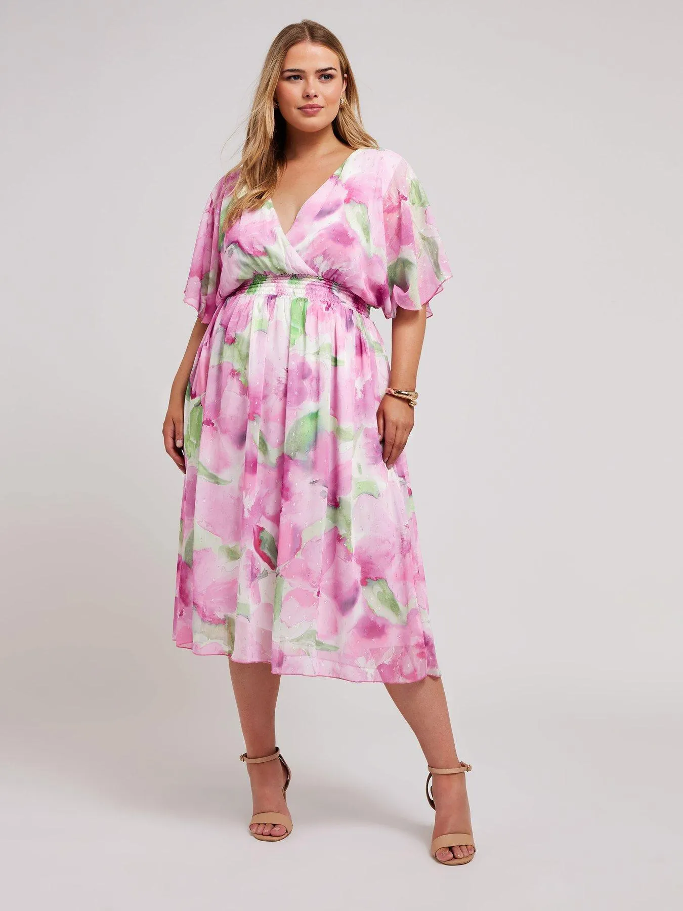 Yours Curve Ombre Floral Metallic Shirred Waist Wrap Dress