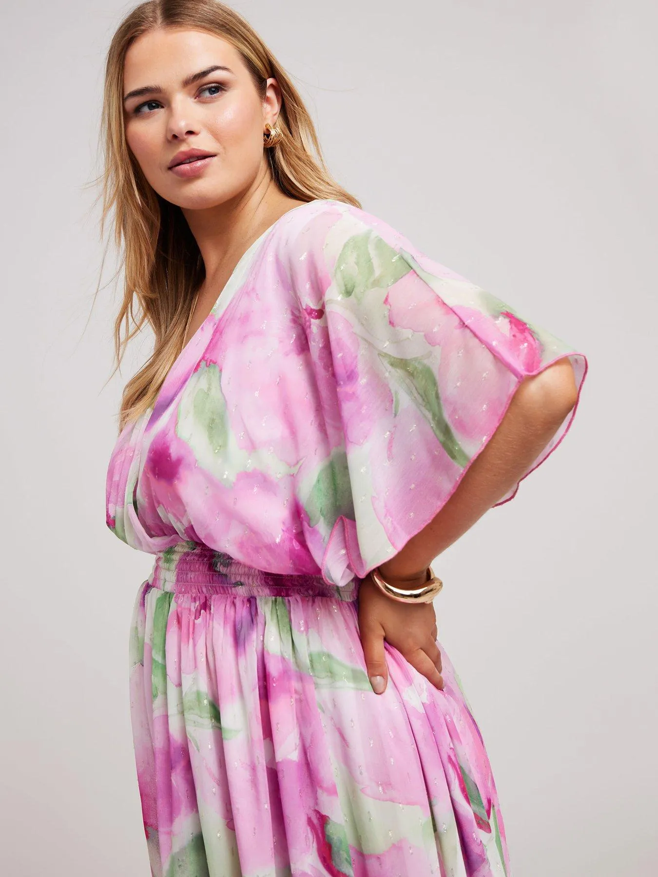 Yours Curve Ombre Floral Metallic Shirred Waist Wrap Dress