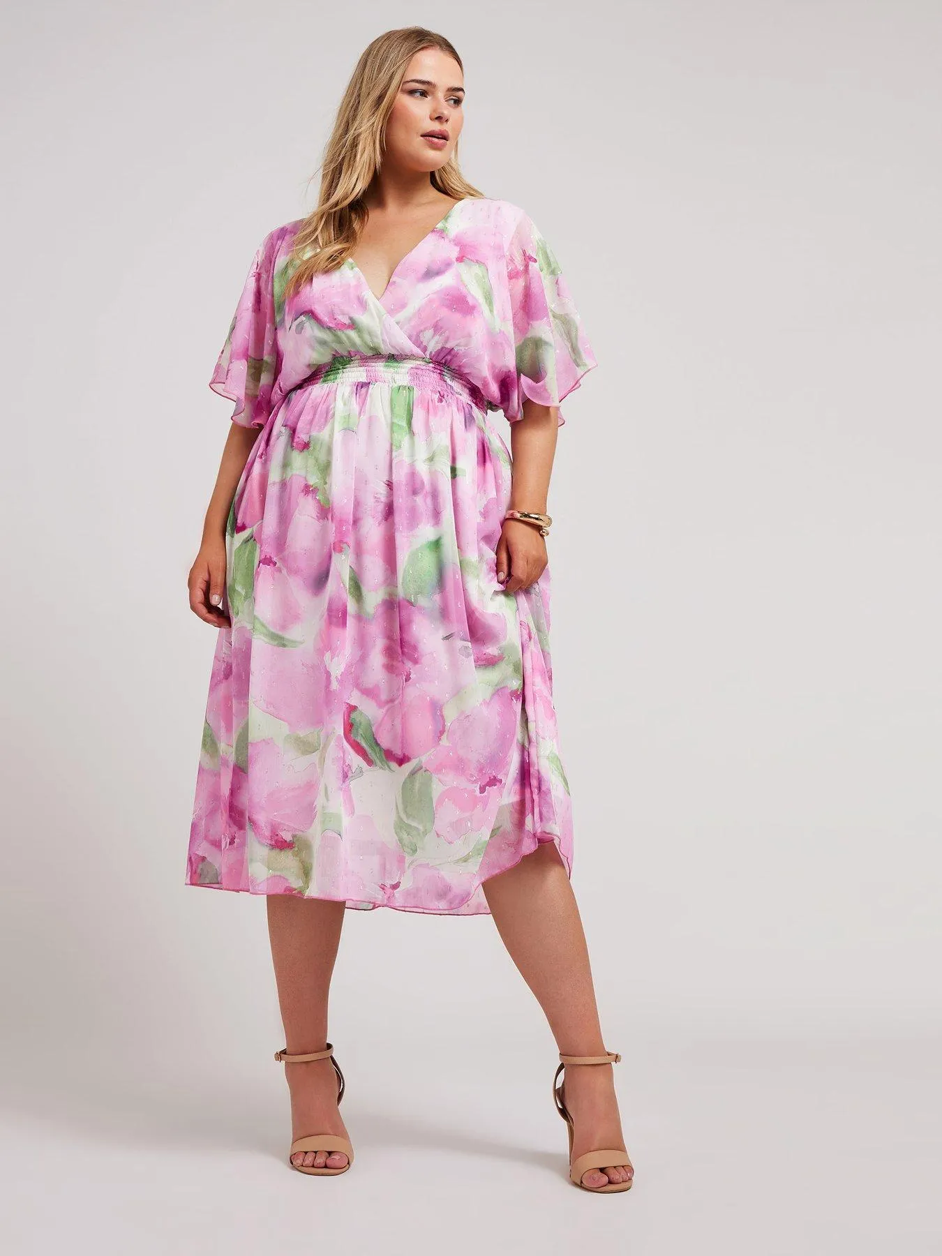 Yours Curve Ombre Floral Metallic Shirred Waist Wrap Dress