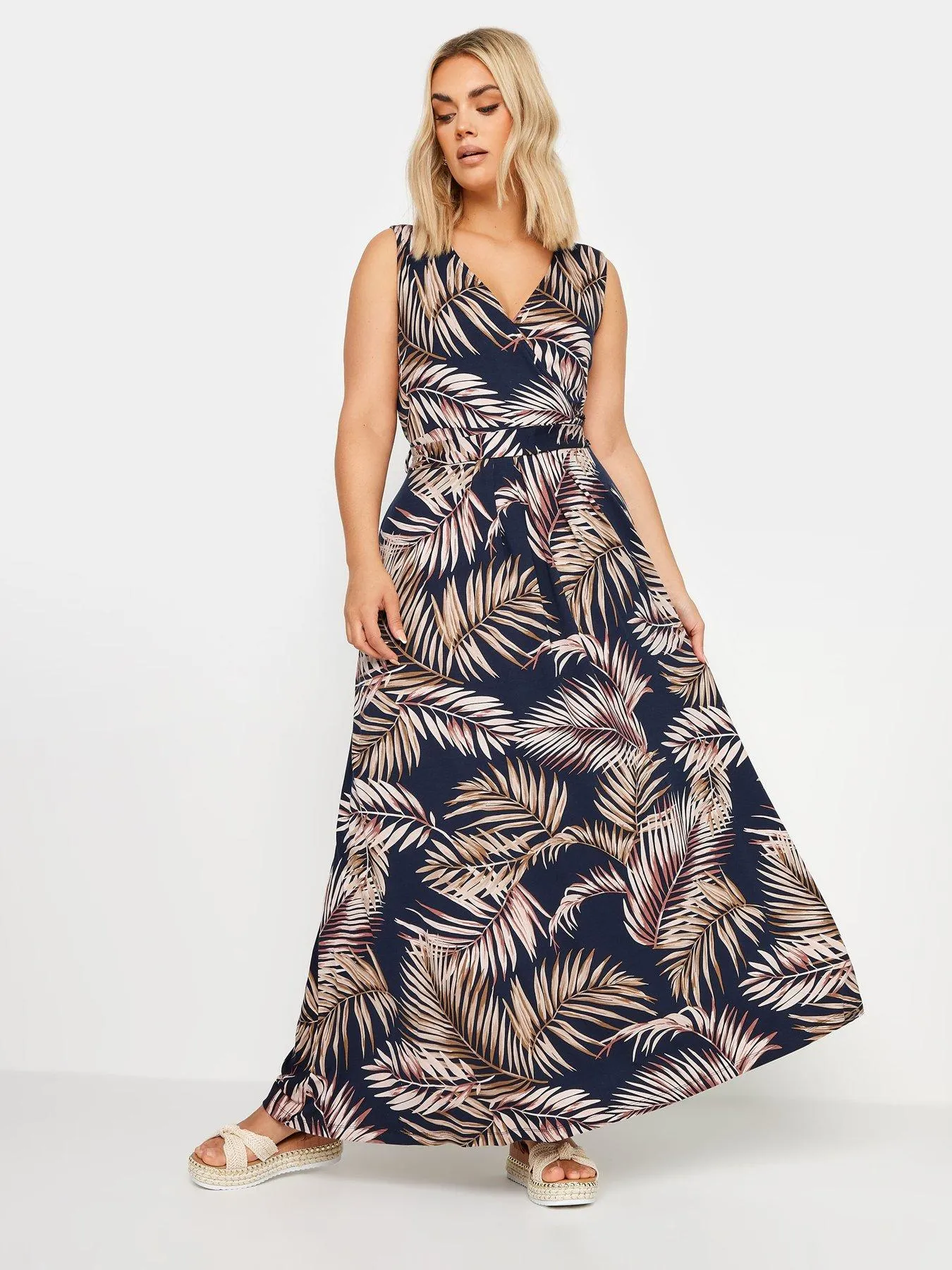 Yours Curve Sleeveless Wrap Maxi Dress - Navy Palm