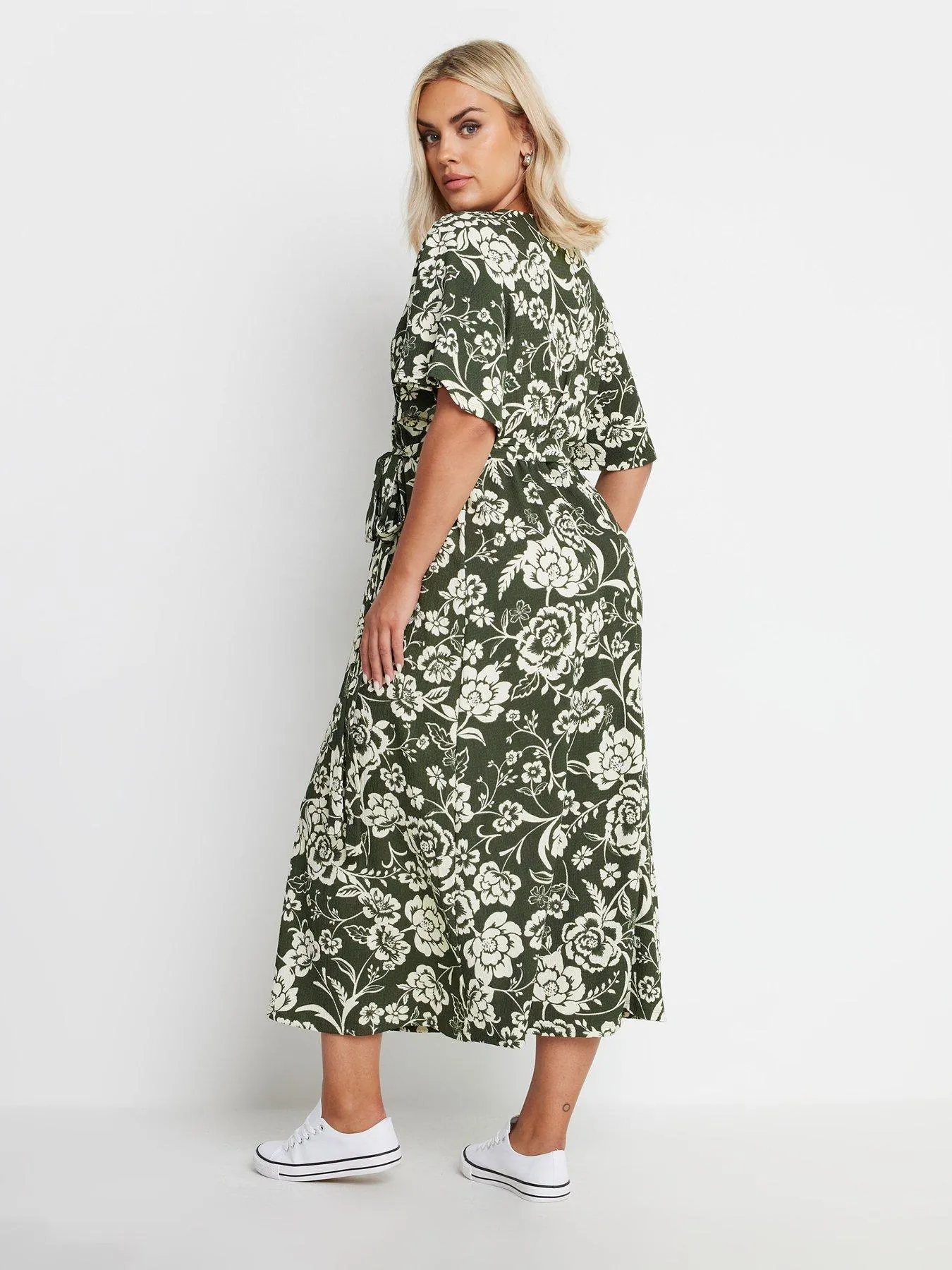 Yours Curve Wrap Angel Sleeve Texture Dress - Green