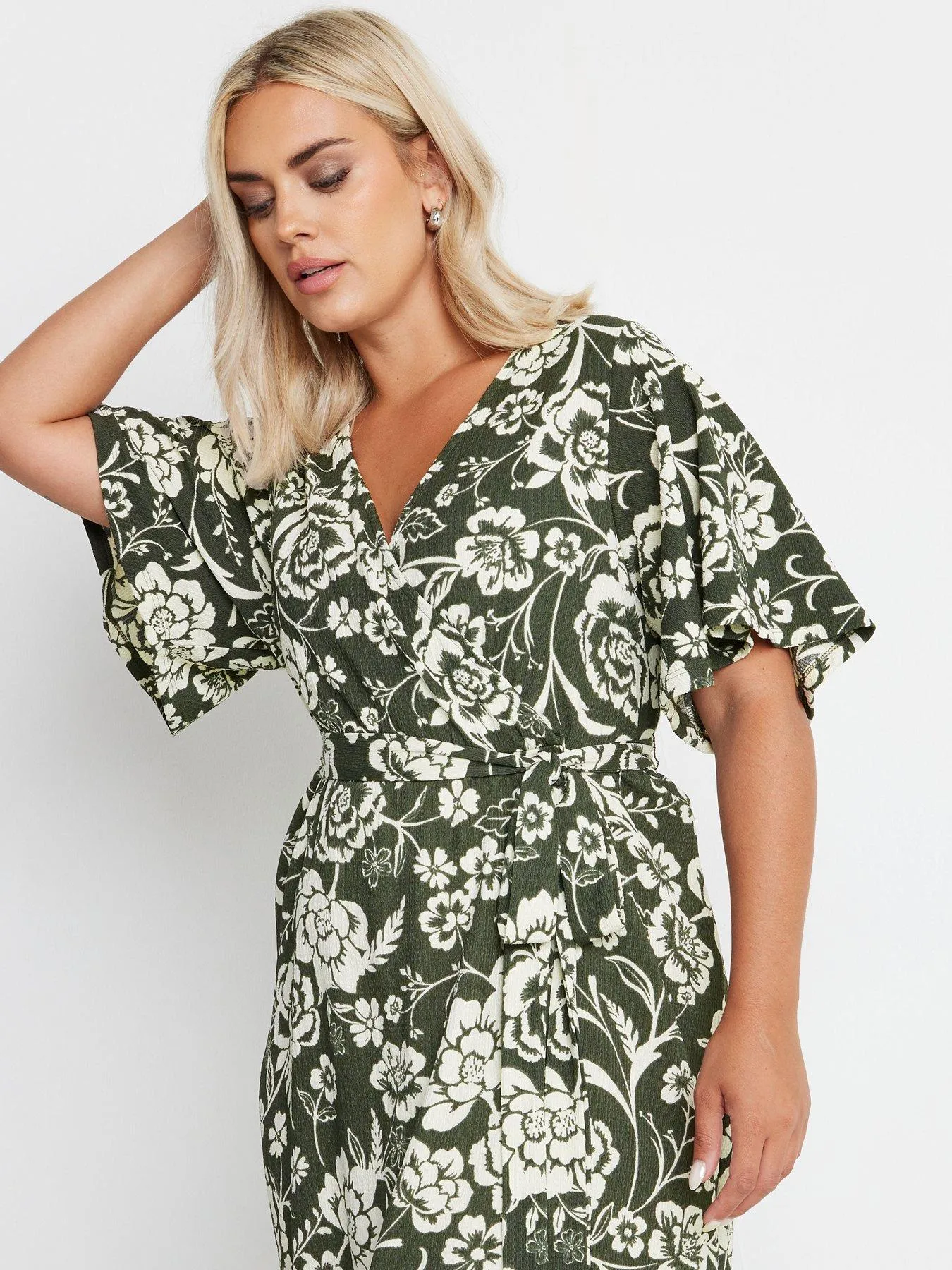 Yours Curve Wrap Angel Sleeve Texture Dress - Green