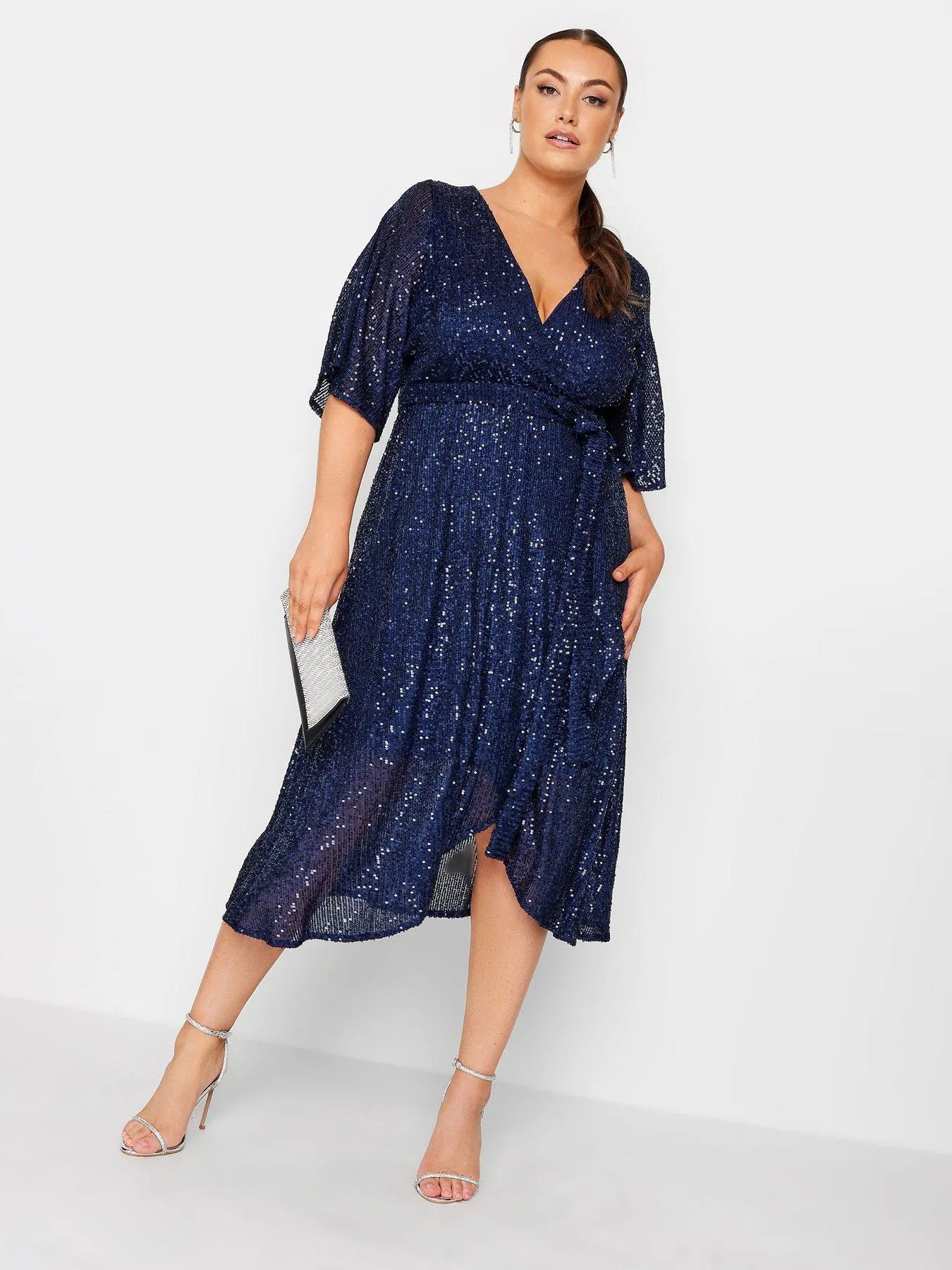 Yours Sequin Tulip Hem Wrap Dress - Blue