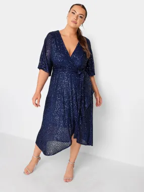 Yours Sequin Tulip Hem Wrap Dress - Blue