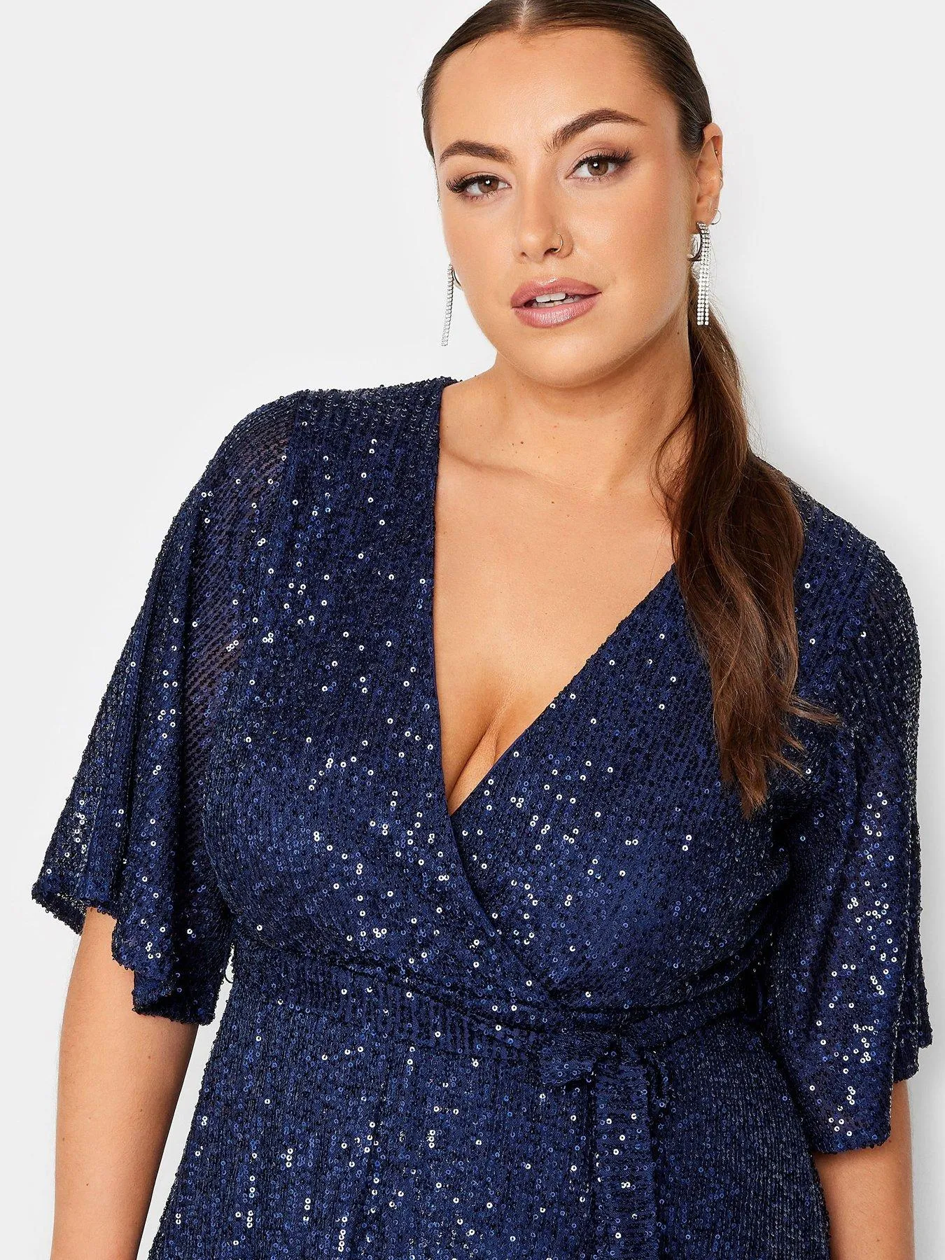 Yours Sequin Tulip Hem Wrap Dress - Blue