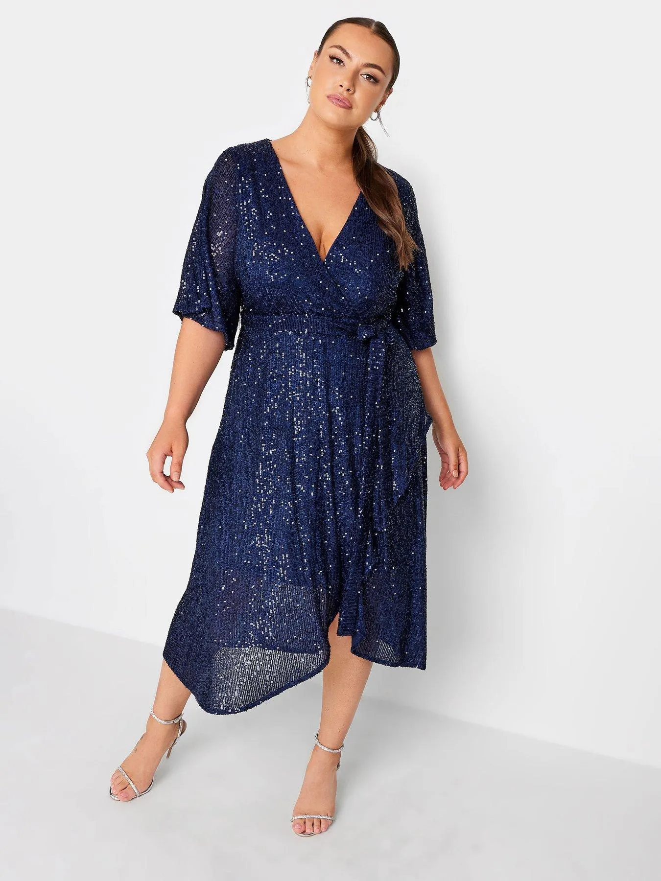 Yours Sequin Tulip Hem Wrap Dress - Blue