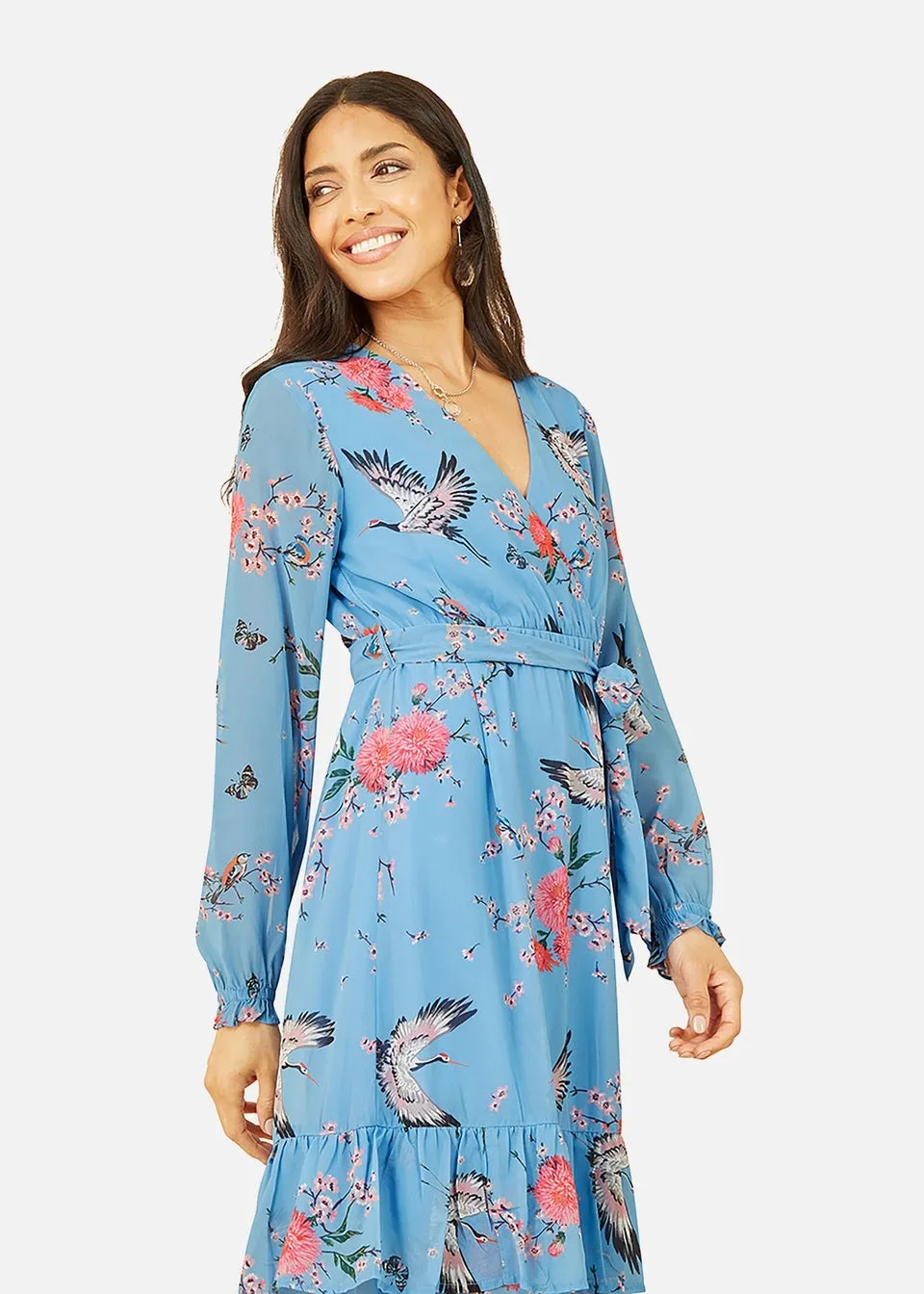 Yumi Green Crane Print Long Sleeve Wrap Midi Dress