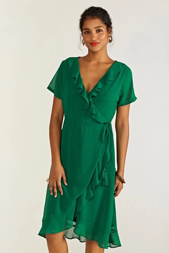 Yumi Green Frill Wrap Dress With Tassel Detail