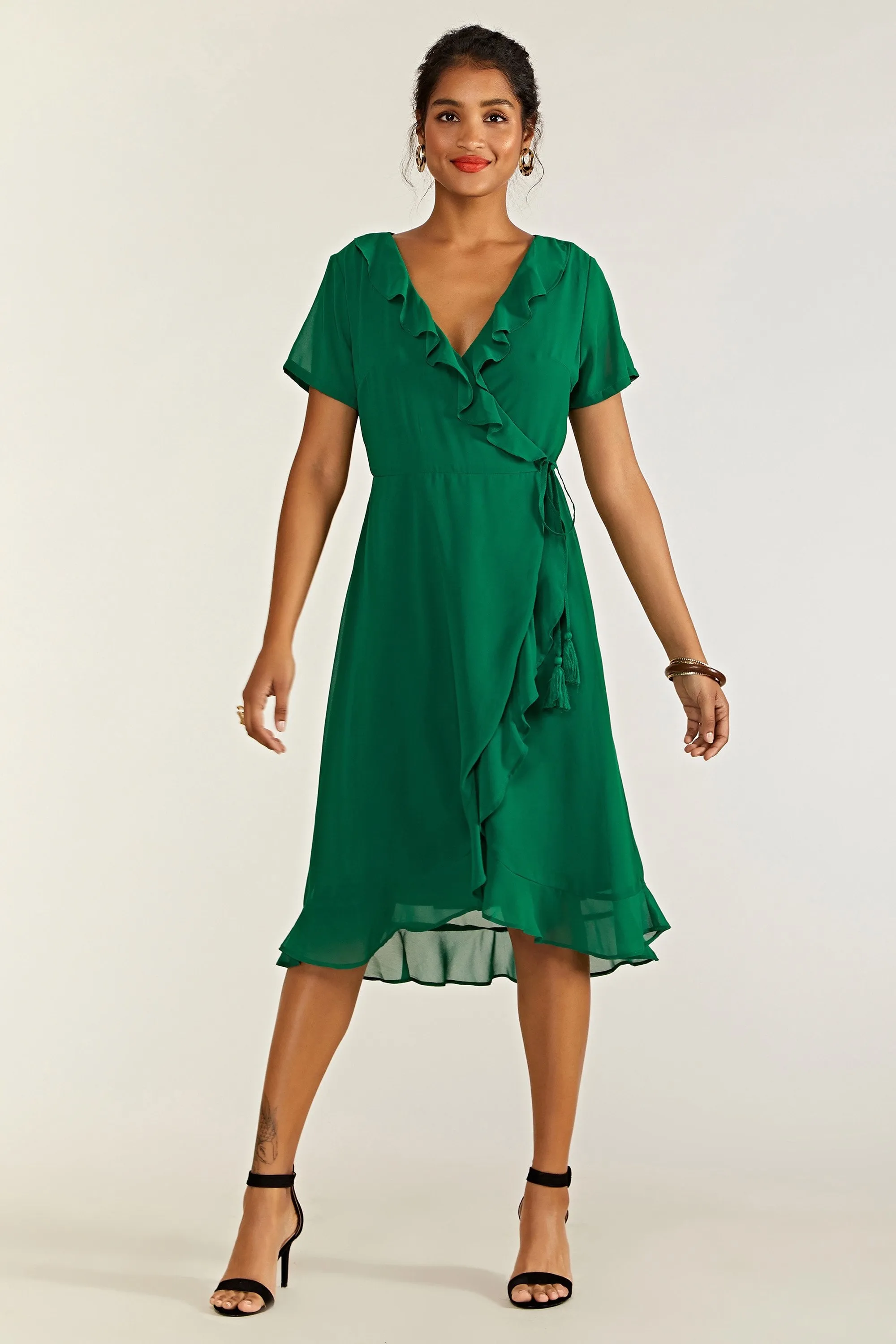 Yumi Green Frill Wrap Dress With Tassel Detail