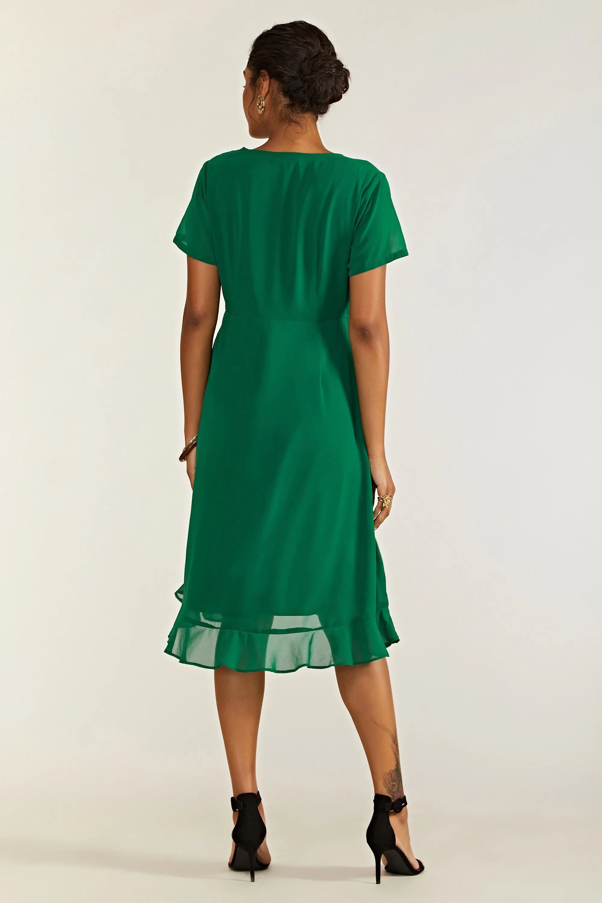 Yumi Green Frill Wrap Dress With Tassel Detail