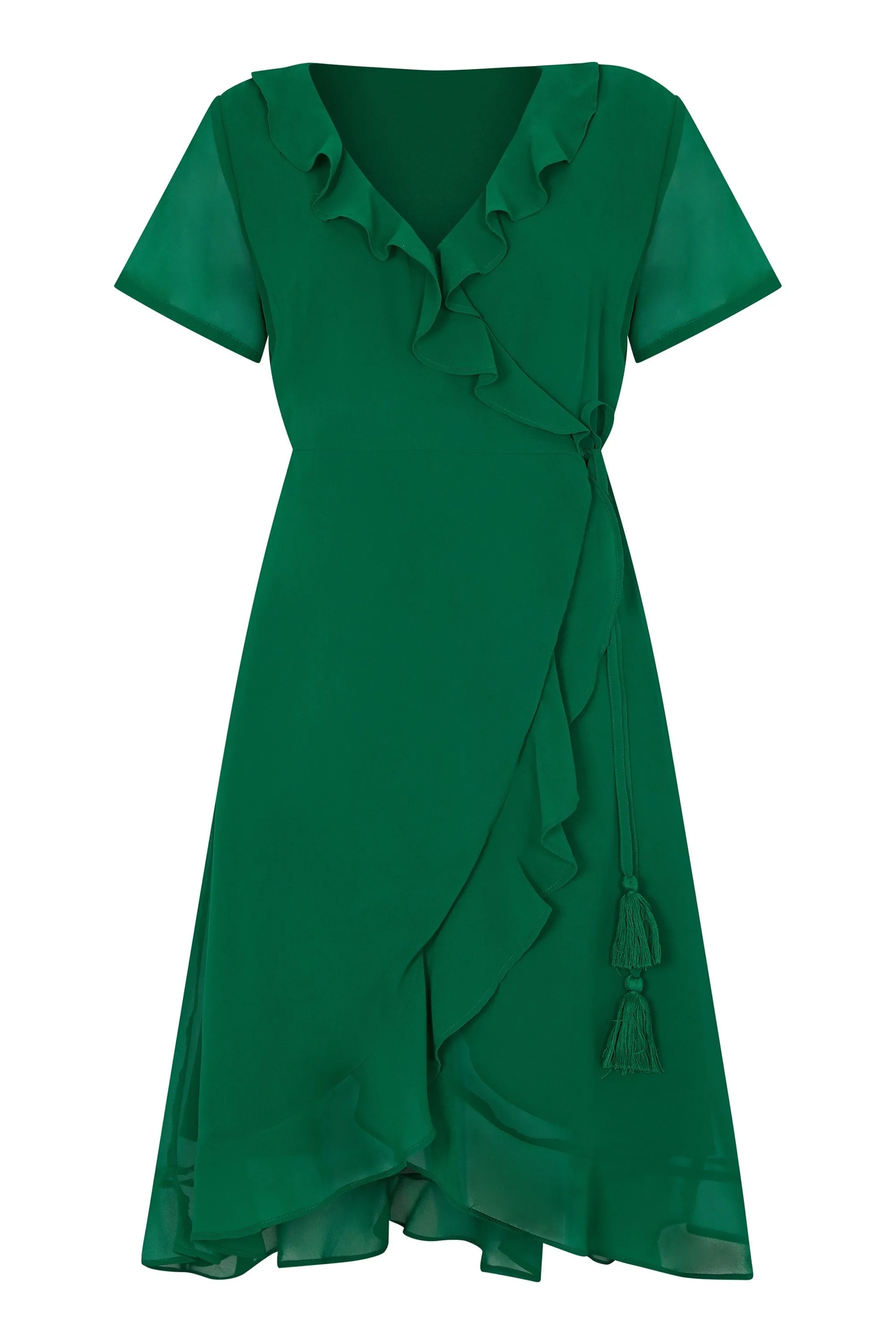 Yumi Green Frill Wrap Dress With Tassel Detail