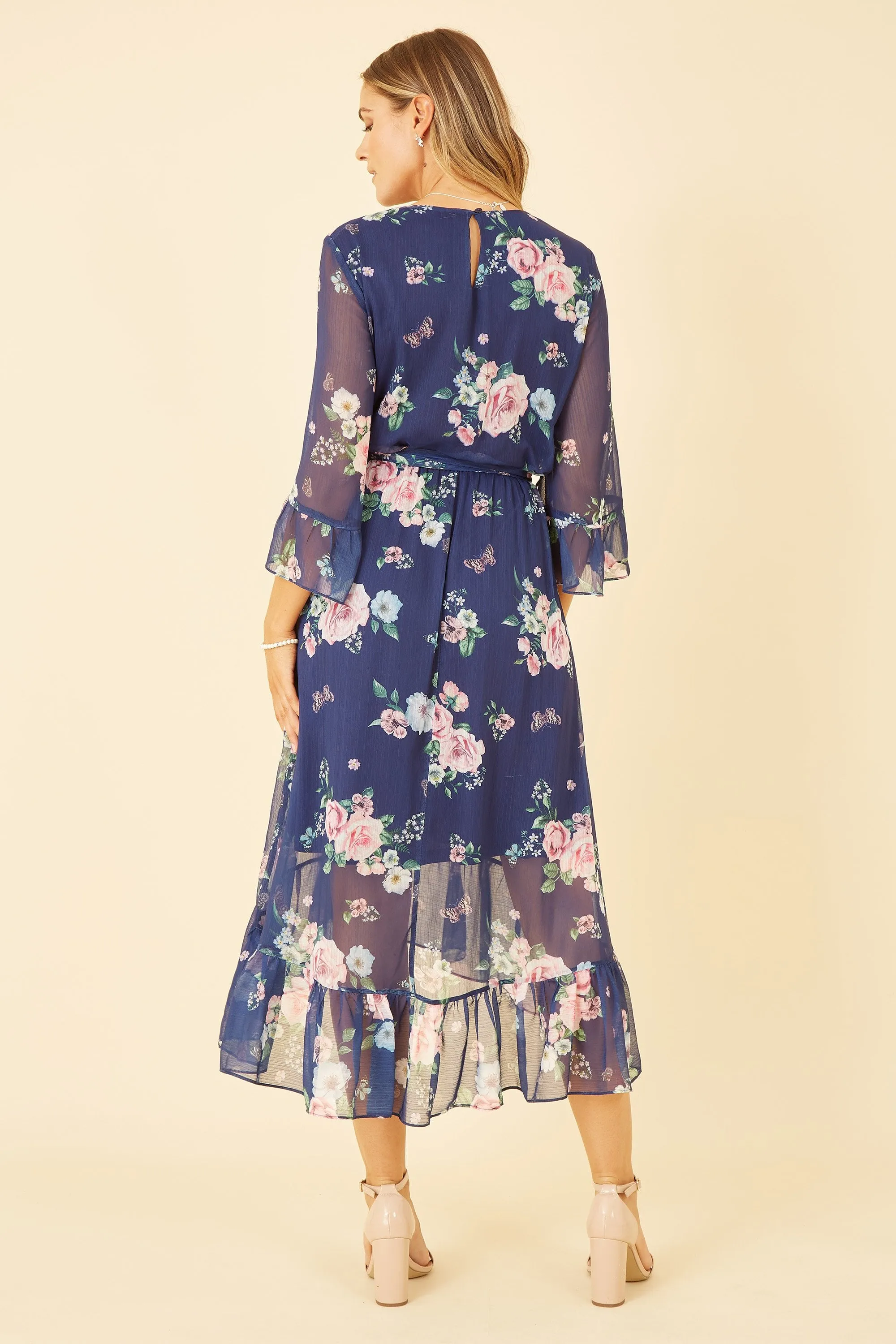 Yumi Navy Floral Wrap Dress With Dipped Hem