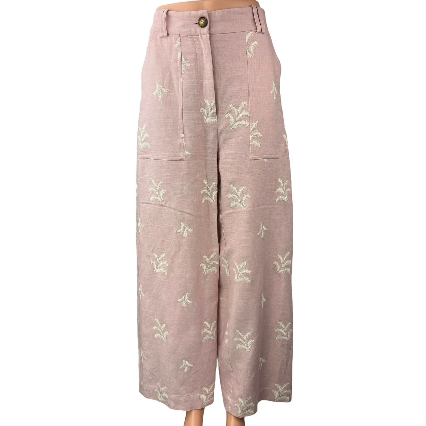 Zara Women's Pink Embroidered Palm Tree High Rise Wide Leg Trouser Pants Sz M