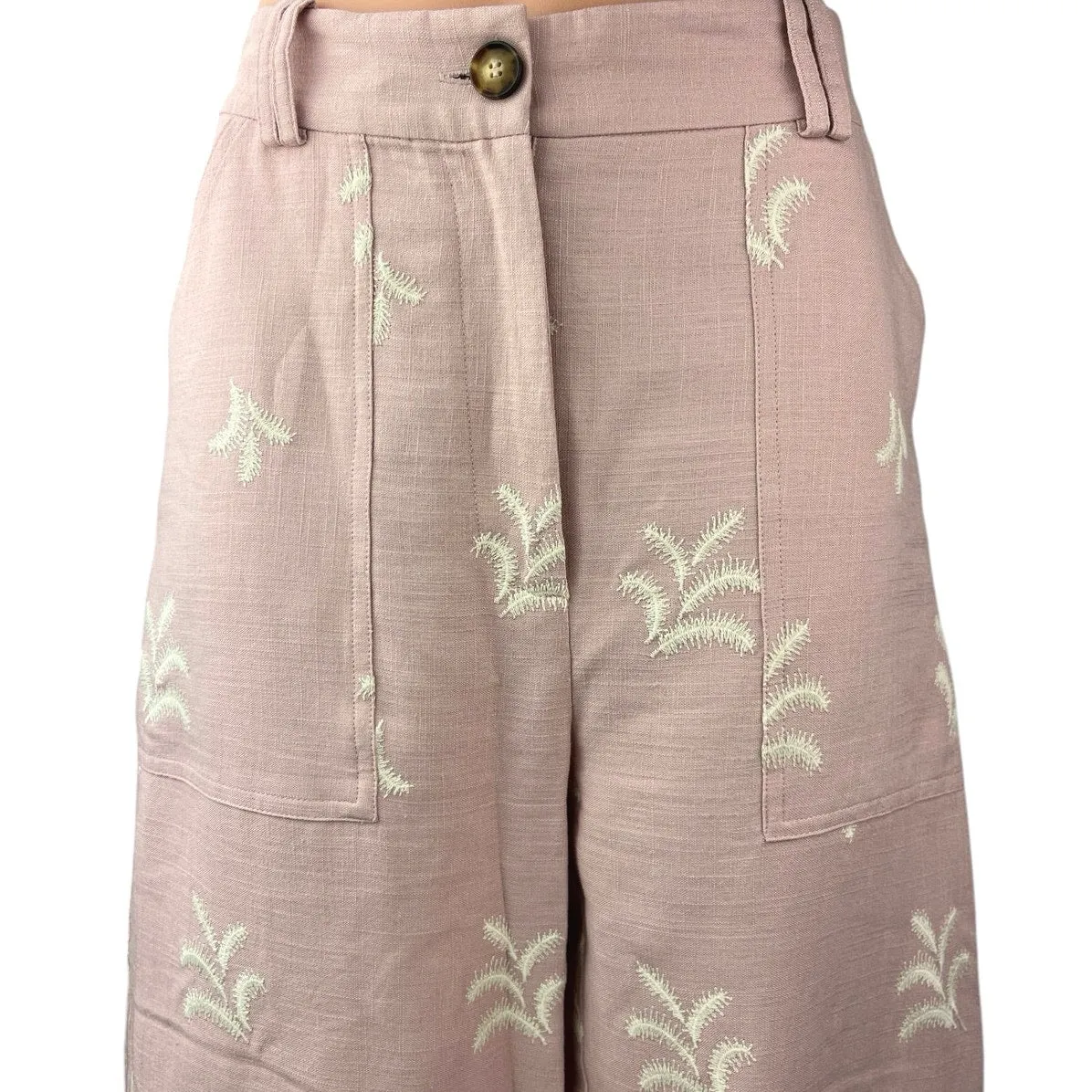 Zara Women's Pink Embroidered Palm Tree High Rise Wide Leg Trouser Pants Sz M